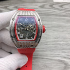 Rose-gold tonneau watch with diamond bezel and red strap