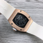Rose-gold tonneau watch caseback on white strap with screws
