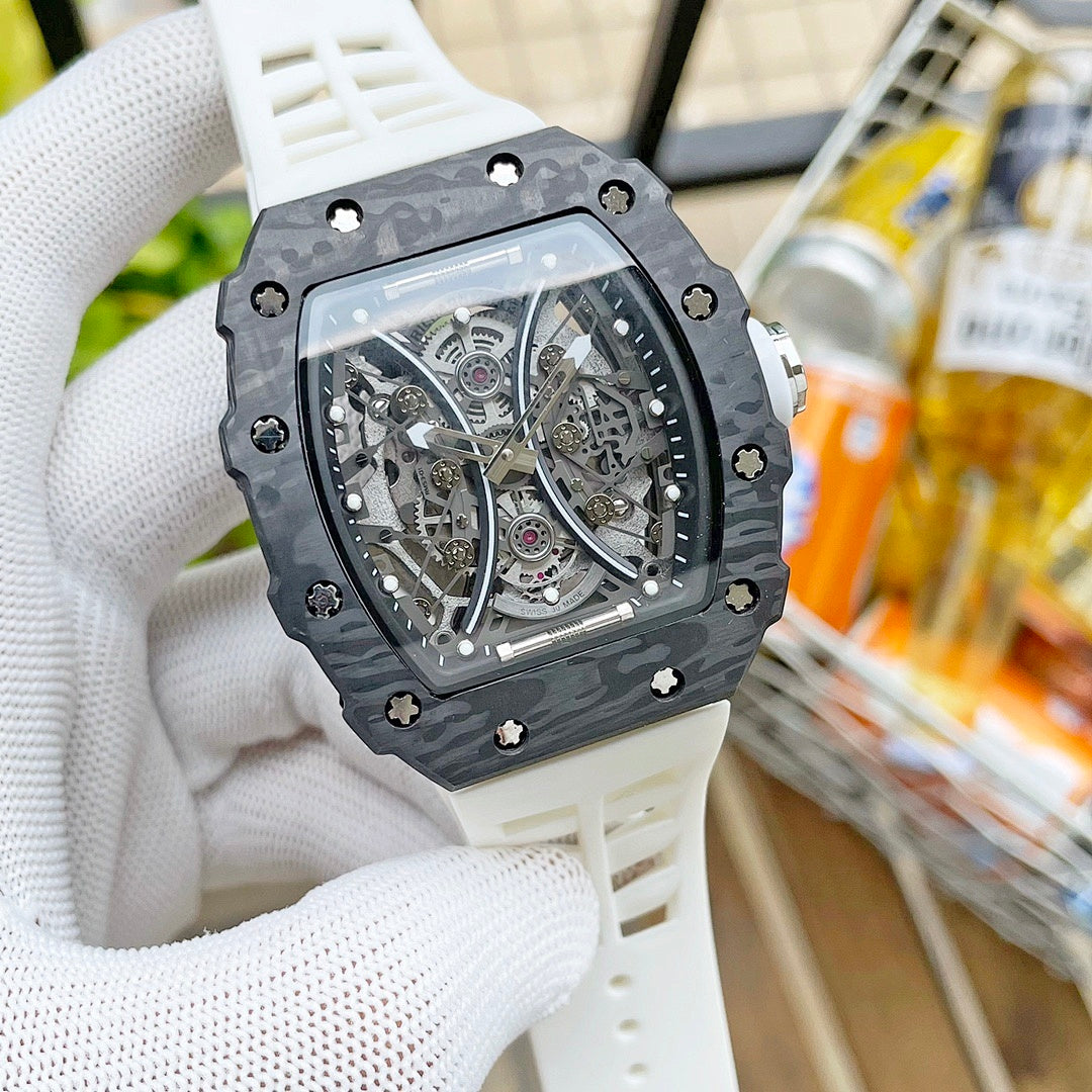Richard Mille wristwatch with black camo case, blue strap, and transparent skeleton dial.