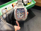 Richard Mille watch on black rubber strap with silver-toned case and skeleton dial