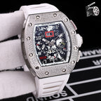 Wristwatch with silver case, white silicone strap, skeleton dial with colorful elements