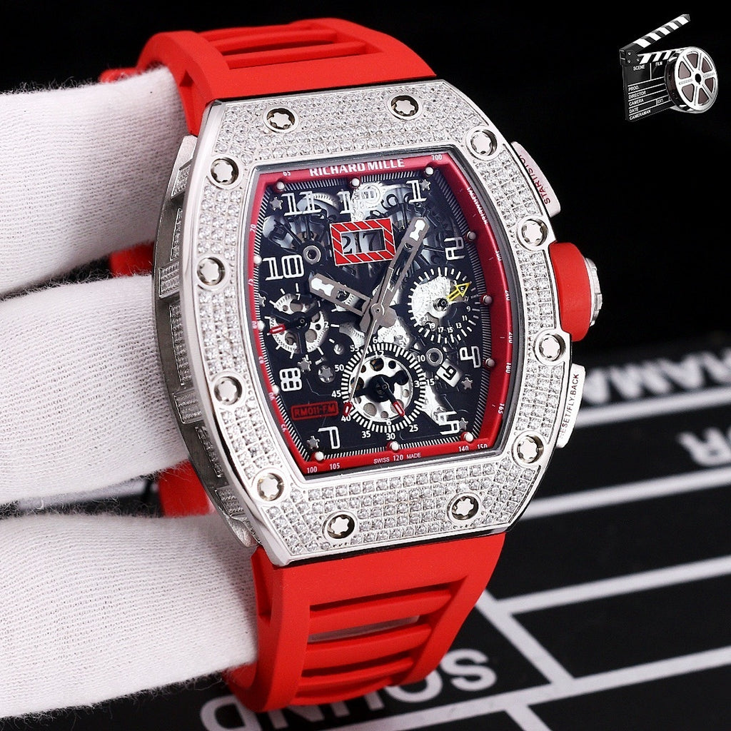 Richard Mille wristwatch with silver case, red silicone strap, skeleton dial