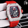 Richard Mille wristwatch with silver case, red silicone strap, skeleton dial