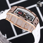 Rose gold diamond watch case with white silicone strap, side view with bezel details.