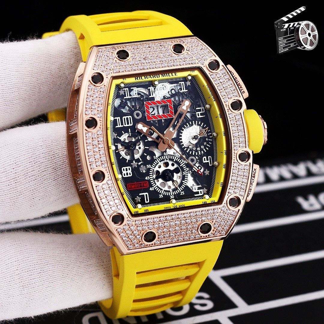 Rose gold diamond bezel wristwatch with yellow silicone strap and skeleton dial.