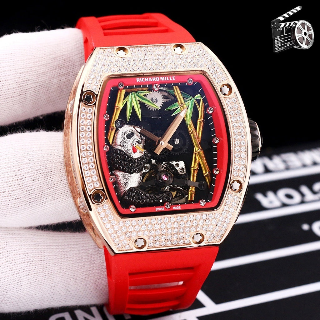 Richard Mille watch with rose-gold case, diamond bezel, red silicone strap