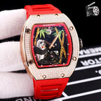 Richard Mille watch with rose-gold case, diamond bezel, red silicone strap