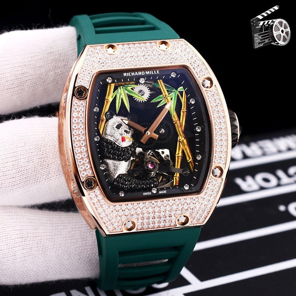 Richard Mille watch with rose-gold case, diamond bezel, green silicone strap