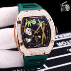 Richard Mille watch with rose-gold case, diamond bezel, green silicone strap