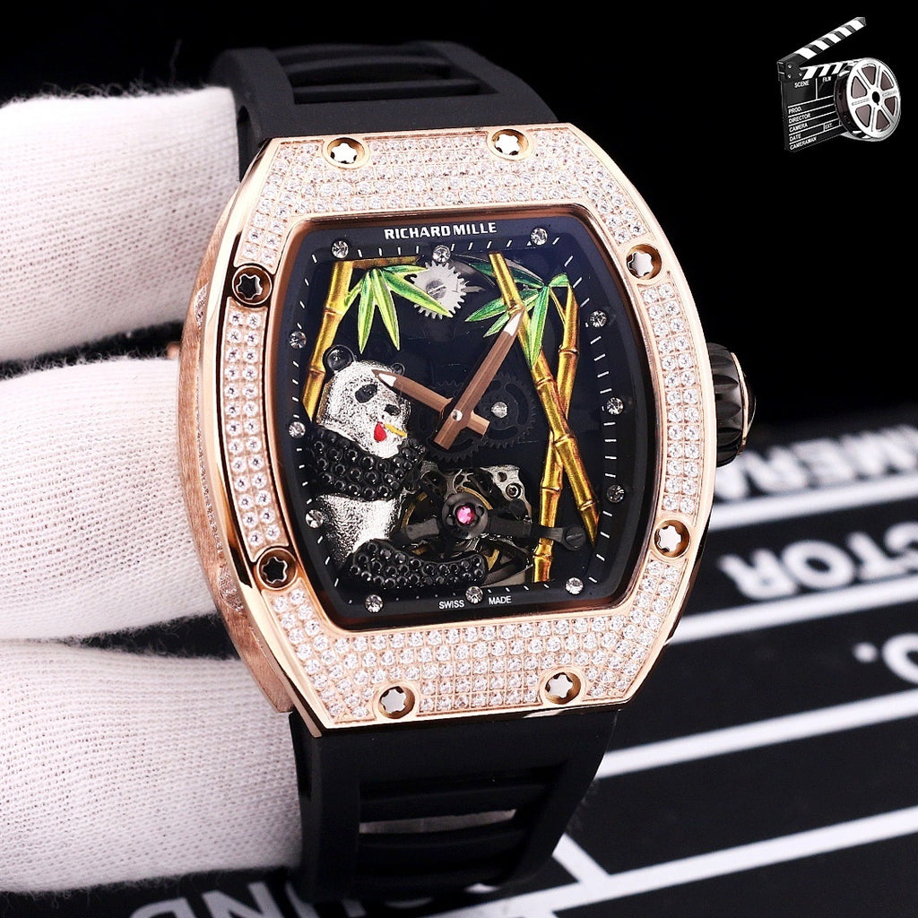 Richard Mille watch with rose-gold case, diamond bezel, black silicone strap