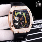 Richard Mille watch with rose-gold case, diamond bezel, black silicone strap