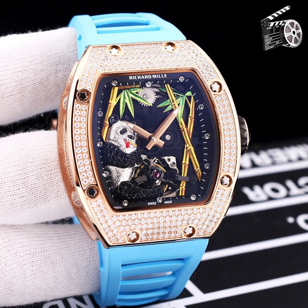 Richard Mille watch with rose-gold case, diamond bezel, light blue silicone strap