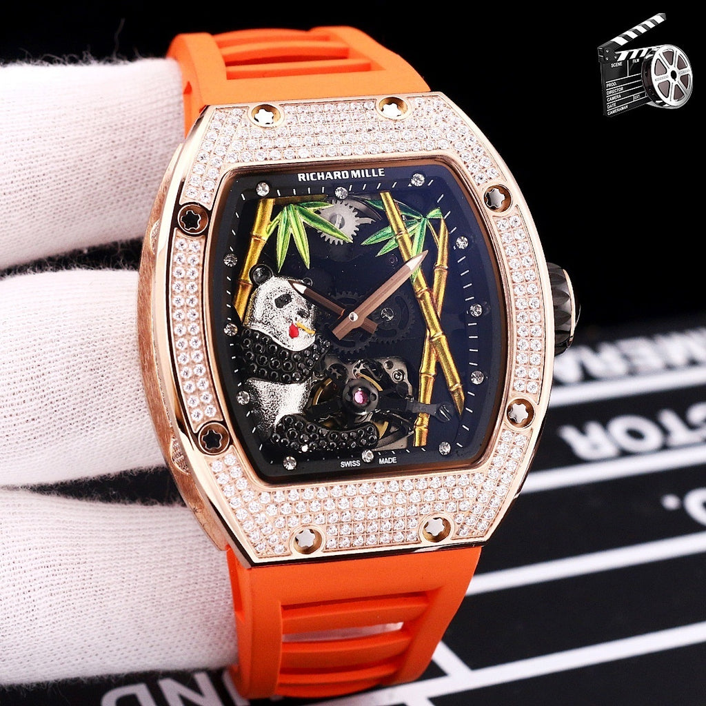 Richard Mille watch with rose-gold case, diamond bezel, orange silicone strap