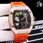 Richard Mille watch with rose-gold case, diamond bezel, orange silicone strap