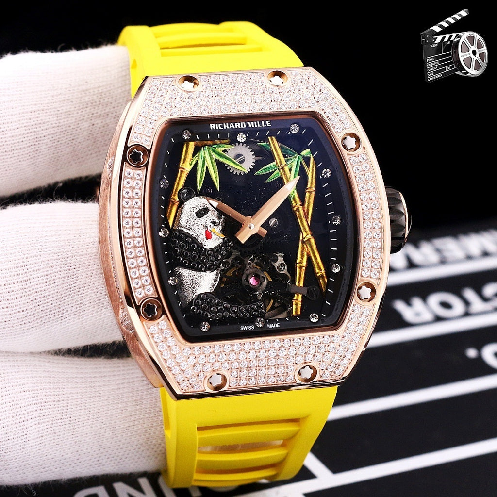 Richard Mille watch with rose-gold case, diamond bezel, yellow silicone strap