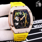 Richard Mille watch with rose-gold case, diamond bezel, yellow silicone strap