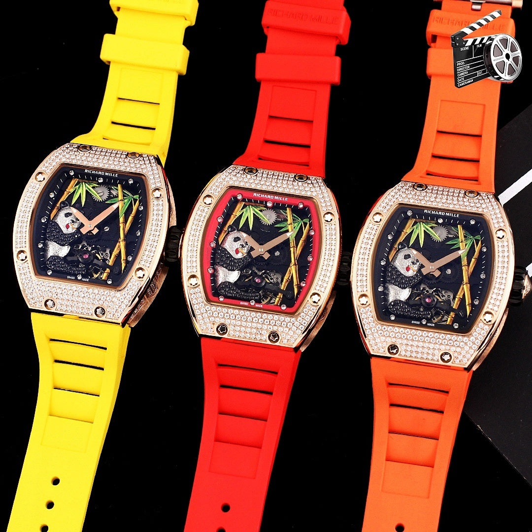 Three Richard Mille watches: rose-gold jeweled cases with yellow, red, orange silicone straps