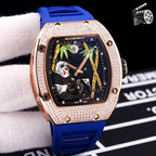 Richard Mille watch with rose-gold case, diamond bezel, blue silicone strap