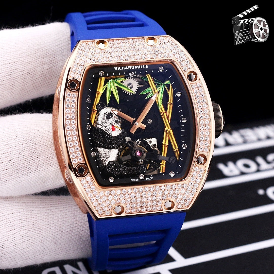 Richard Mille watch with rose-gold case, diamond bezel, blue silicone strap