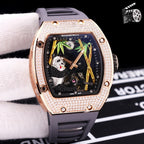 Richard Mille watch with rose-gold case, diamond bezel, gray silicone strap