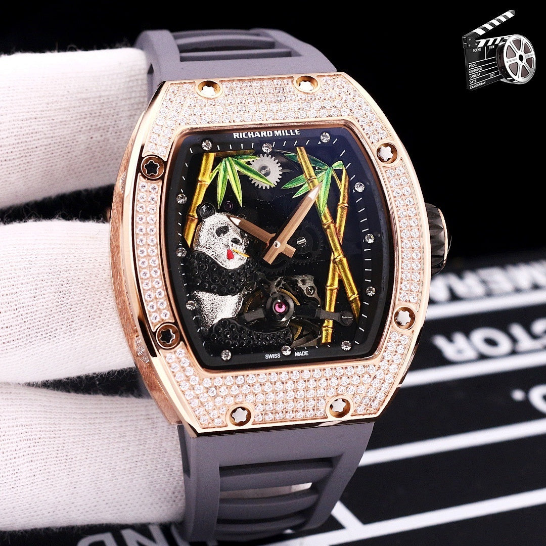 Richard Mille watch with rose-gold case, diamond bezel, gray silicone strap