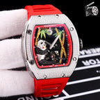 Richard Mille watch, jeweled silver case, blue dial, red rubber strap