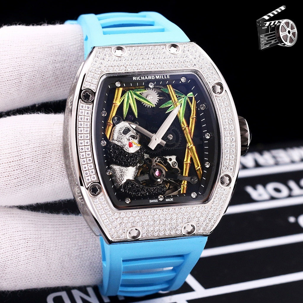 Richard Mille watch, jeweled silver case, blue dial, light blue rubber strap