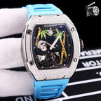 Richard Mille watch, jeweled silver case, blue dial, light blue rubber strap
