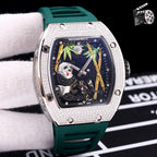 Richard Mille watch, jeweled silver case, blue dial, green rubber strap