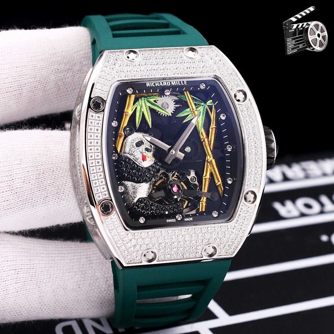 Richard Mille watch, jeweled silver case, blue dial, green rubber strap