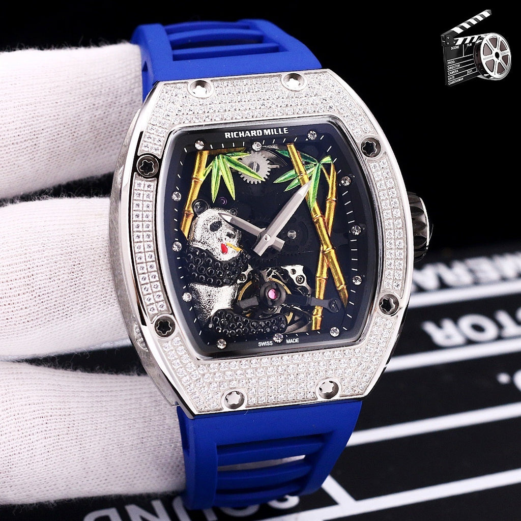 Richard Mille watch, jeweled silver case, blue dial, blue rubber strap