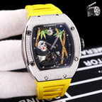 Richard Mille watch, jeweled silver case, blue dial, yellow rubber strap