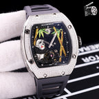 Richard Mille watch, jeweled silver case, blue dial, gray rubber strap