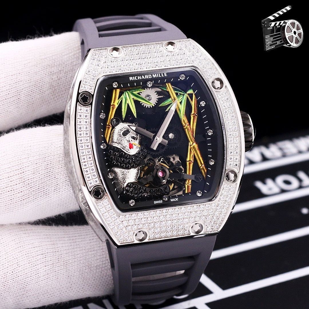 Richard Mille watch, jeweled silver case, blue dial, gray rubber strap