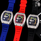 Set of three Richard Mille watches with jeweled silver cases and blue, red, black straps