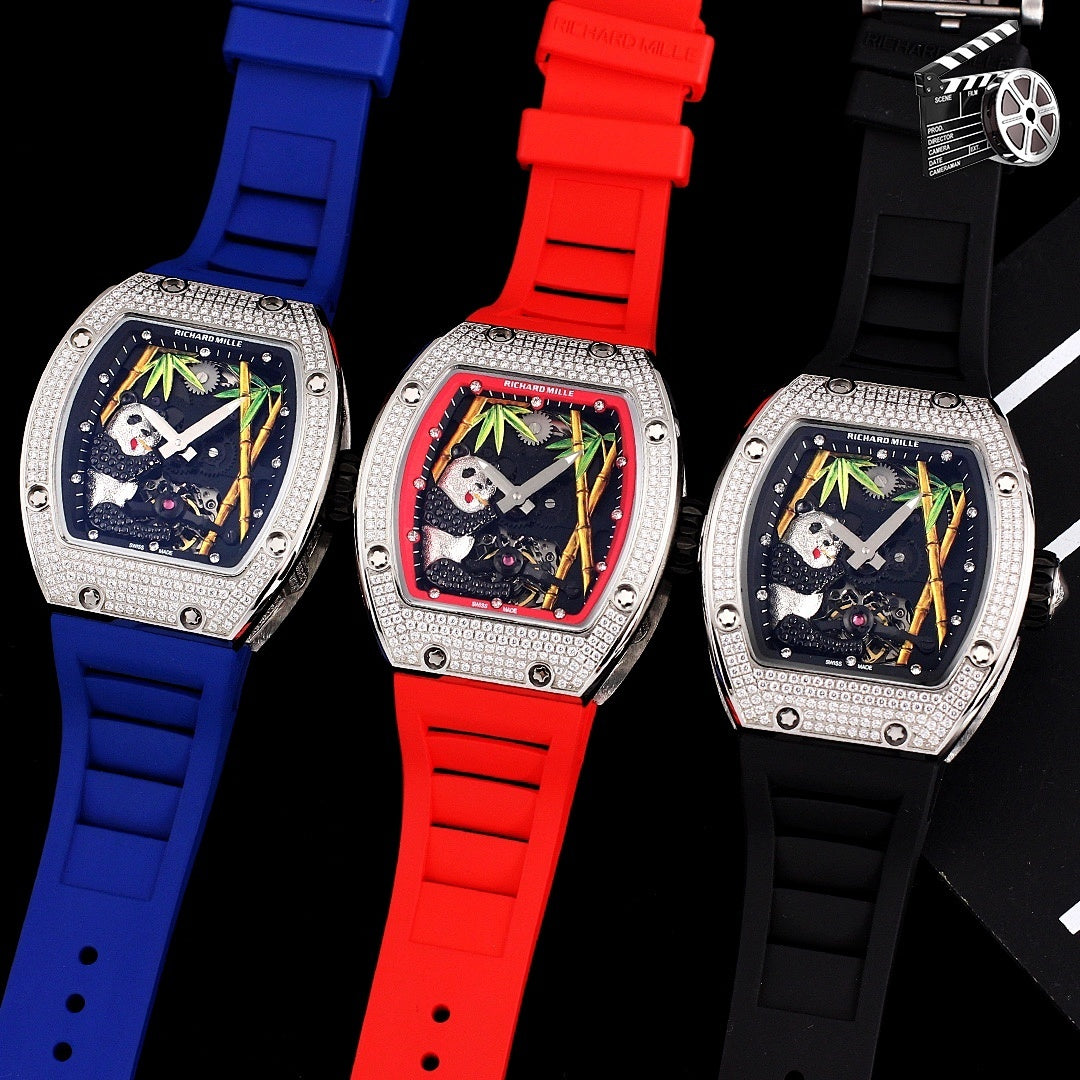 Set of three Richard Mille watches with jeweled silver cases and blue, red, black straps