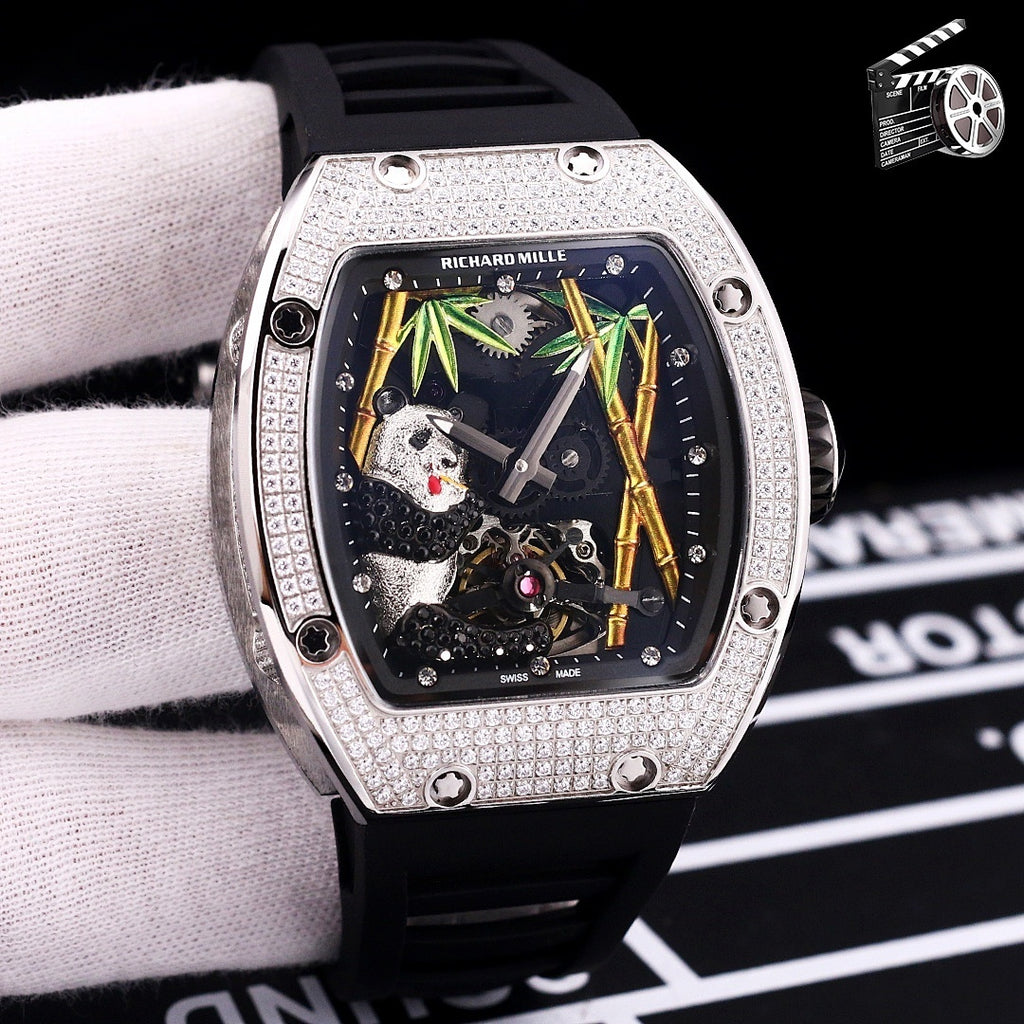 Richard Mille watch, jeweled silver case, blue dial, black rubber strap