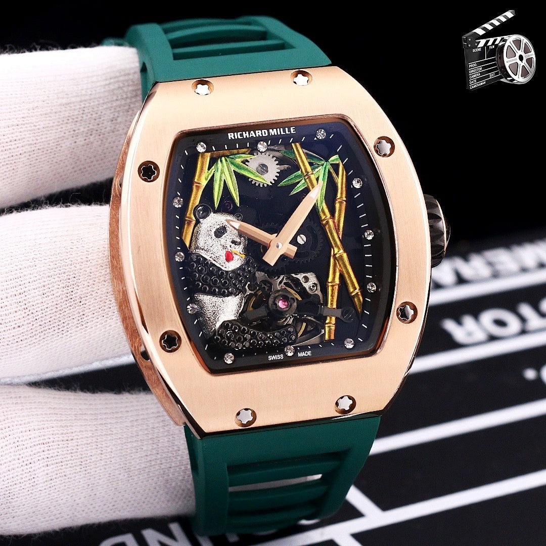 Richard Mille watch, rose-gold case, green silicone strap, skeleton dial