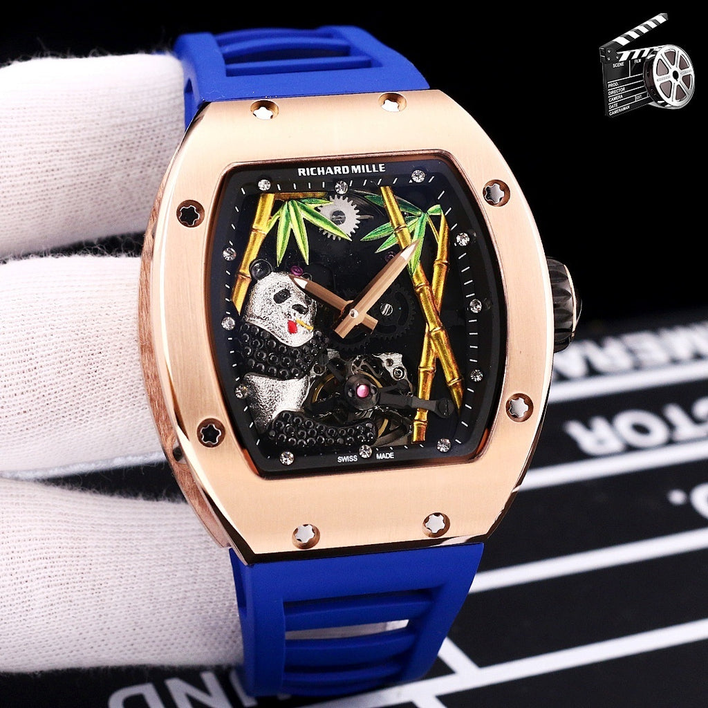 Richard Mille watch, rose-gold case, blue silicone strap, skeleton dial