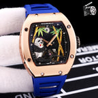 Richard Mille watch, rose-gold case, blue silicone strap, skeleton dial