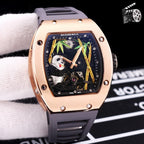 Richard Mille watch, rose-gold case, gray silicone strap, skeleton dial