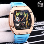 Richard Mille watch, rose-gold case, light blue silicone strap, skeleton dial