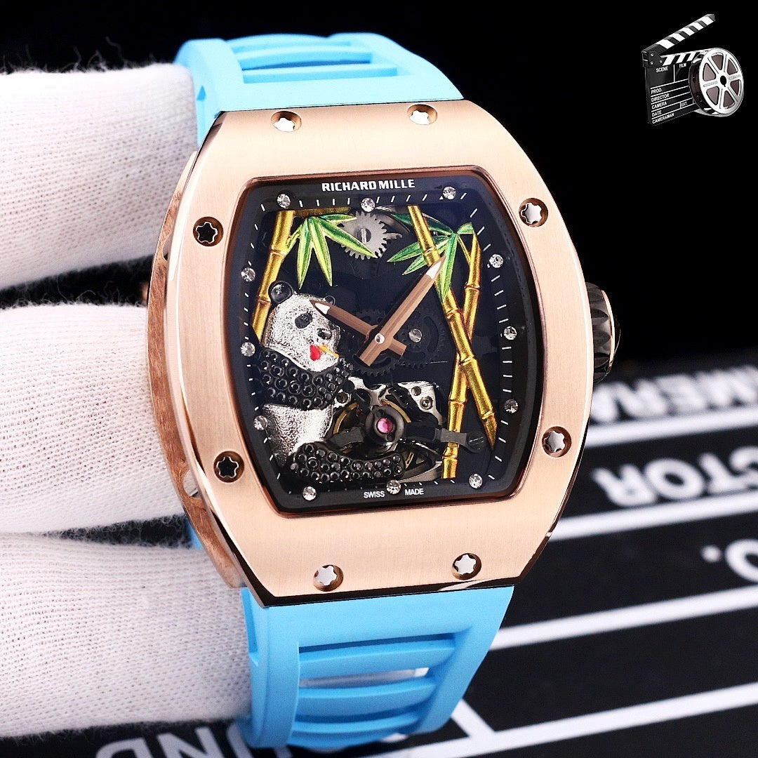 Richard Mille watch, rose-gold case, light blue silicone strap, skeleton dial