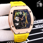 Richard Mille watch, rose-gold case, yellow silicone strap, skeleton dial