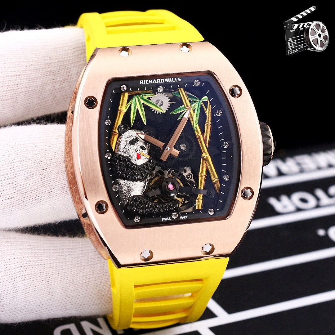 Richard Mille watch, rose-gold case, yellow silicone strap, skeleton dial