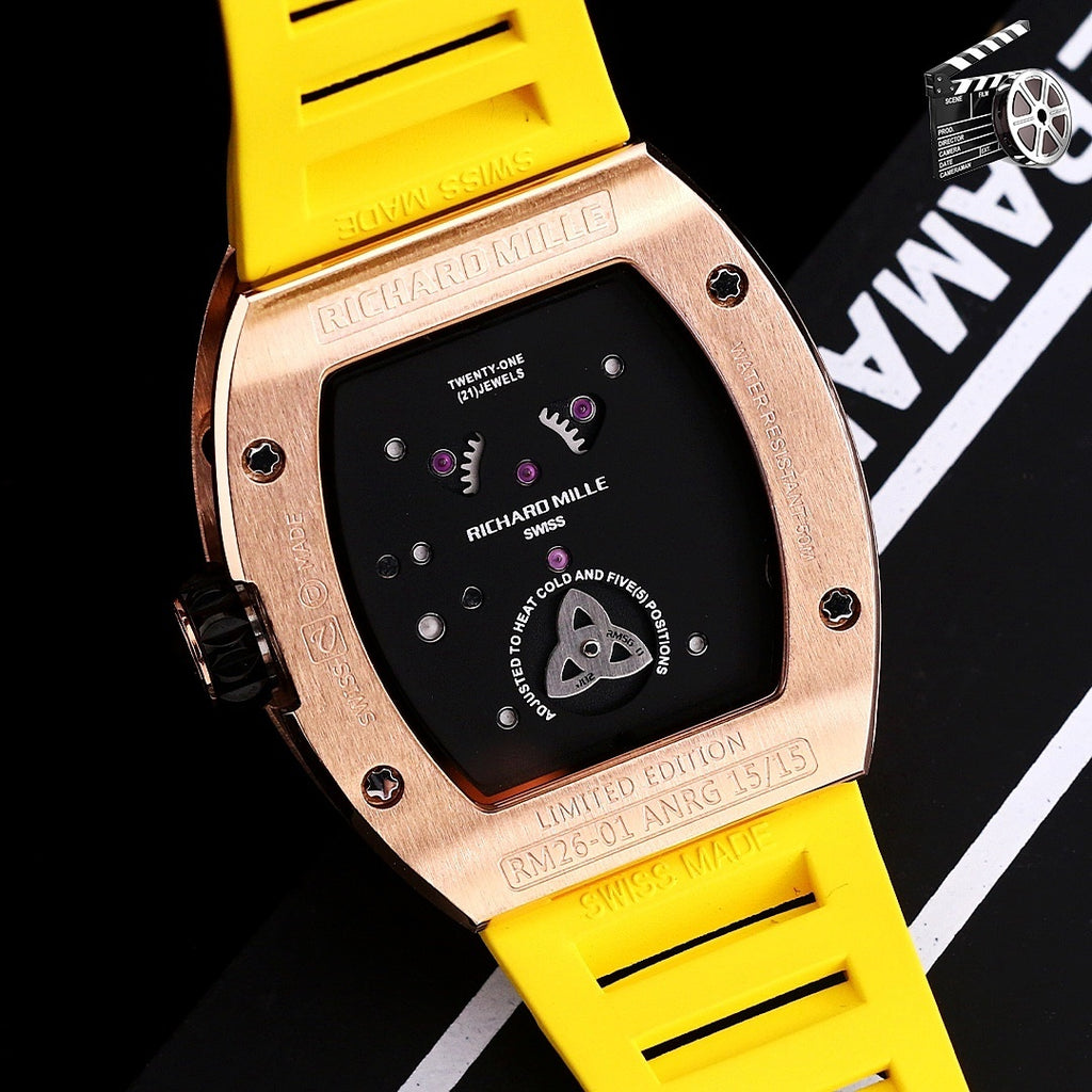 Richard Mille watch back, rose-gold case with engraving, yellow silicone strap