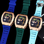 Richard Mille watch set of three, rose-gold cases with blue, green, light blue straps