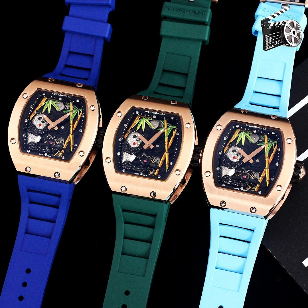 Richard Mille watch set of three, rose-gold cases with blue, green, light blue straps