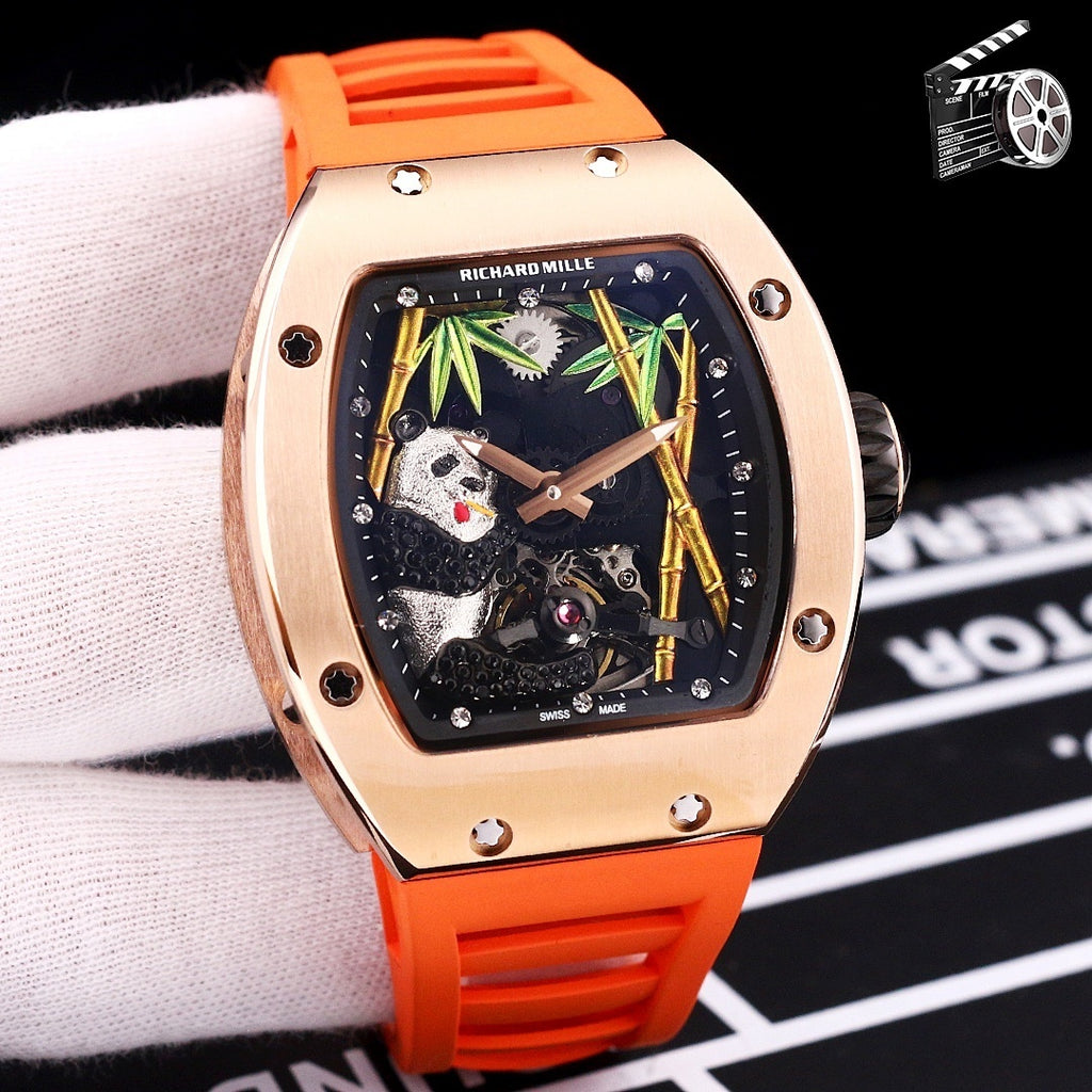 Richard Mille watch, rose-gold case, orange silicone strap, skeleton dial