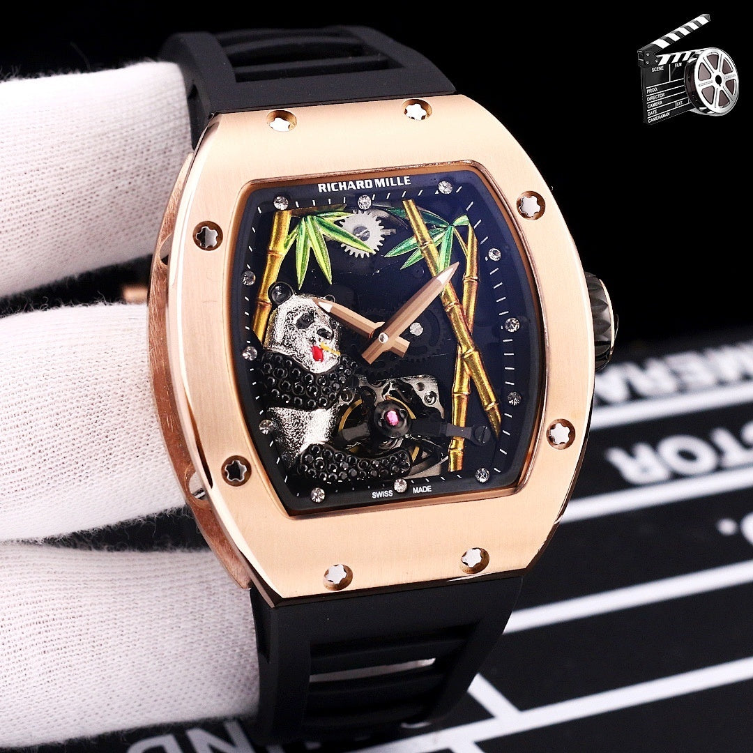 Richard Mille watch, rose-gold case, black silicone strap, skeleton dial
